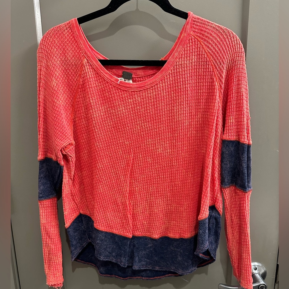 Free people coral and navy Henley / thermal long sleeve